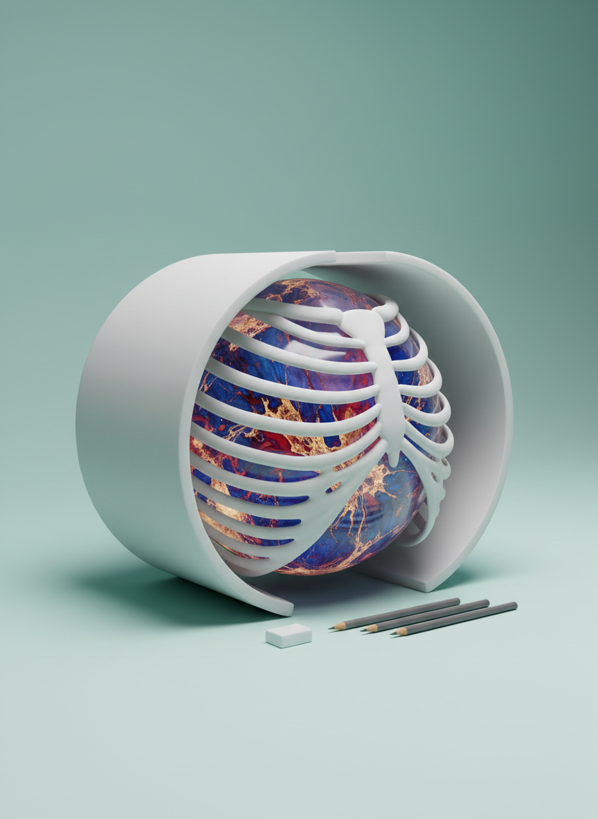 A surreal still life of an oversized, simplified ribcage constructed from smooth, matte white porcelain, gently opening like a pair of curved sketchbook covers. Inside the cavity floats a glowing, translucent sphere filled with swirling inks that mimic colorful muscle fibers and nerve pathways. The structure is placed on a seamless pale mint surface and backdrop, with a few graphite pencils and an eraser neatly aligned at the base as if ready to draw what is seen inside. Soft, directional studio lighting from the upper left creates graceful shadows between the ribs and a subtle halo around the glowing sphere, adding depth. Photographed at a low, three-quarter angle to accentuate the ribcage’s form, the mood is dreamy and imaginative, merging anatomical structure with artistic wonder in a clean, contemporary, enhanced style.
