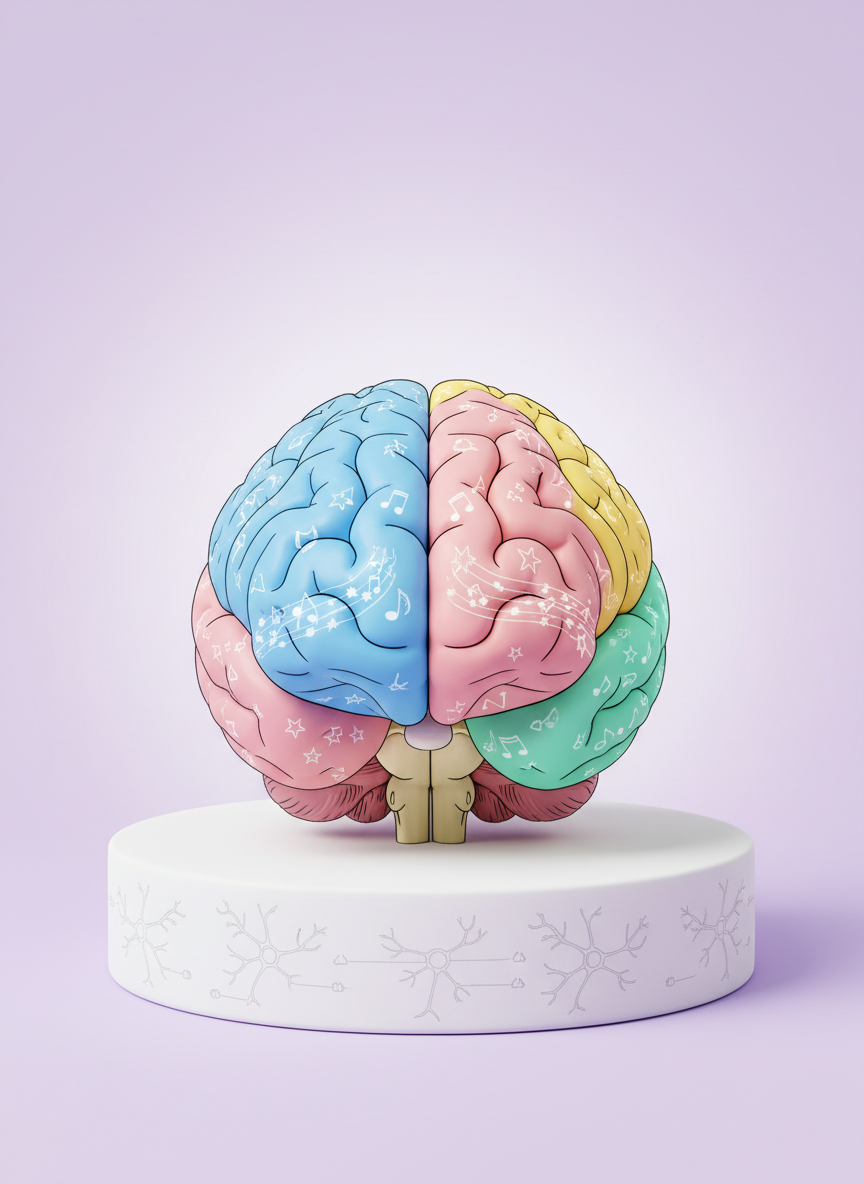 A vividly painted anatomical brain model, each lobe in a different saturated pastel color with tiny hand-drawn doodles of stars, musical notes, and geometric shapes decorating the surface. The brain sits atop a smooth, circular white plinth on a pastel lilac background that gently gradients to lighter tones near the top. Around the base, delicate line-art diagrams of neurons and synapses are printed directly on the surface like a playful infographic. A single softbox light from the right creates velvety, even illumination with a subtle highlight tracing the brain’s curves, while faint, crisp shadows anchor it to the plinth. Shot straight-on with centered composition and shallow depth of field, the mood is bright, curious, and slightly whimsical, blending scientific clarity with artful design in a clean, enhanced illustration style.