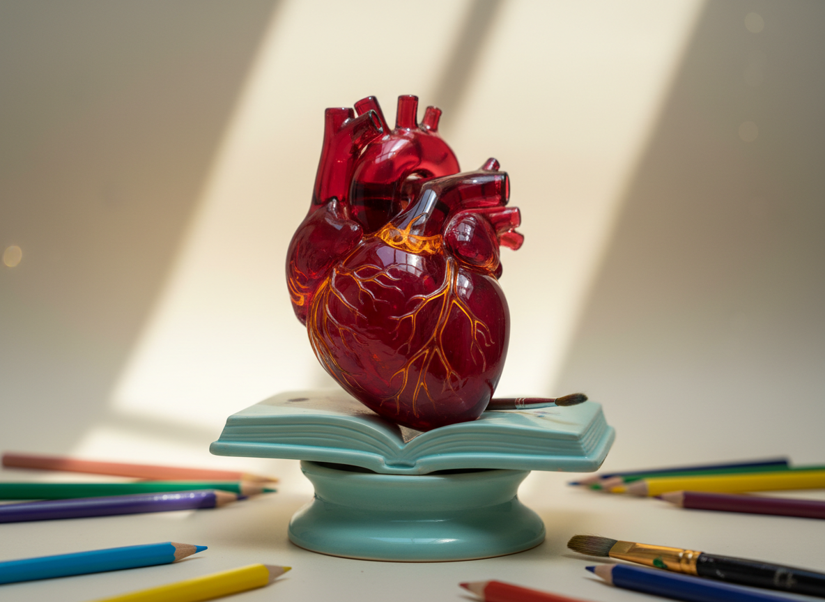 An intricate, stylized anatomical heart sculpted from glossy ruby-red glass and translucent amber veins, its surface etched with playful, swirling patterns suggesting arteries and nerves. The heart rests on a smooth, pale teal pedestal shaped like a sketchbook, surrounded by scattered colored pencils and paintbrushes. Soft, diffused daylight from an unseen skylight bathes the scene, creating gentle reflections in the glass and faint shadows on a matte cream backdrop. The mood is curious and inviting, blending scientific precision with whimsical creativity. Shot at eye level with a shallow depth of field so the heart is in razor-sharp focus while the art tools blur into a colorful bokeh. The style is clean, vibrant, and lightly enhanced, ideal as a universal hero image for an anatomy art education site.