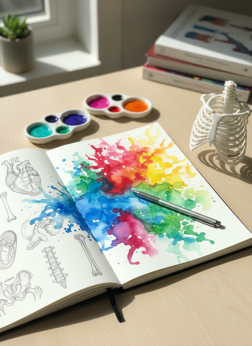 A large, open sketchbook lies on a light birch wood table, its pages filled with neatly inked cross-sections of bones and organs that gradually transition into bright watercolor splashes forming imaginative abstract shapes. Beside the sketchbook sit small ceramic palettes dotted with jewel-toned paints, a silver mechanical pencil, and a small model ribcage made of smooth, matte white plastic. Gentle overcast window light from the left creates soft highlights on the wet paint and subtle shadows under the objects, giving a calm, contemplative atmosphere. Photographed from a slightly elevated angle using the rule of thirds, with sharp focus on the central page and the background fading softly. The aesthetic is playful yet scholarly, with enhanced colors that feel modern, clean, and perfect for a non-profit educational project about anatomy and art.