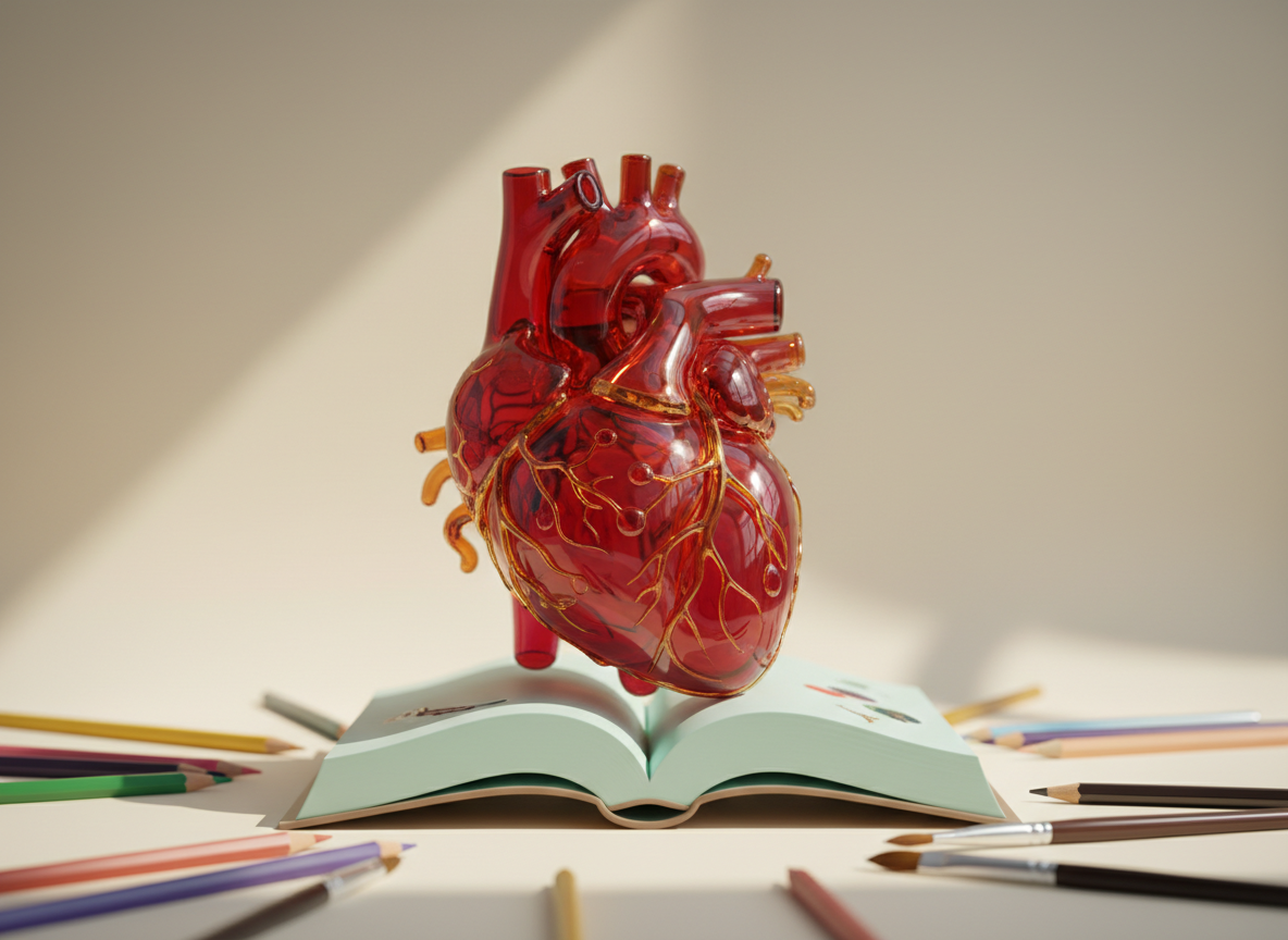 An intricate, stylized anatomical heart sculpted from glossy ruby-red glass and translucent amber veins, its surface etched with playful, swirling patterns suggesting arteries and nerves. The heart rests on a smooth, pale teal pedestal shaped like a sketchbook, surrounded by scattered colored pencils and paintbrushes. Soft, diffused daylight from an unseen skylight bathes the scene, creating gentle reflections in the glass and faint shadows on a matte cream backdrop. The mood is curious and inviting, blending scientific precision with whimsical creativity. Shot at eye level with a shallow depth of field so the heart is in razor-sharp focus while the art tools blur into a colorful bokeh. The style is clean, vibrant, and lightly enhanced, ideal as a universal hero image for an anatomy art education site.