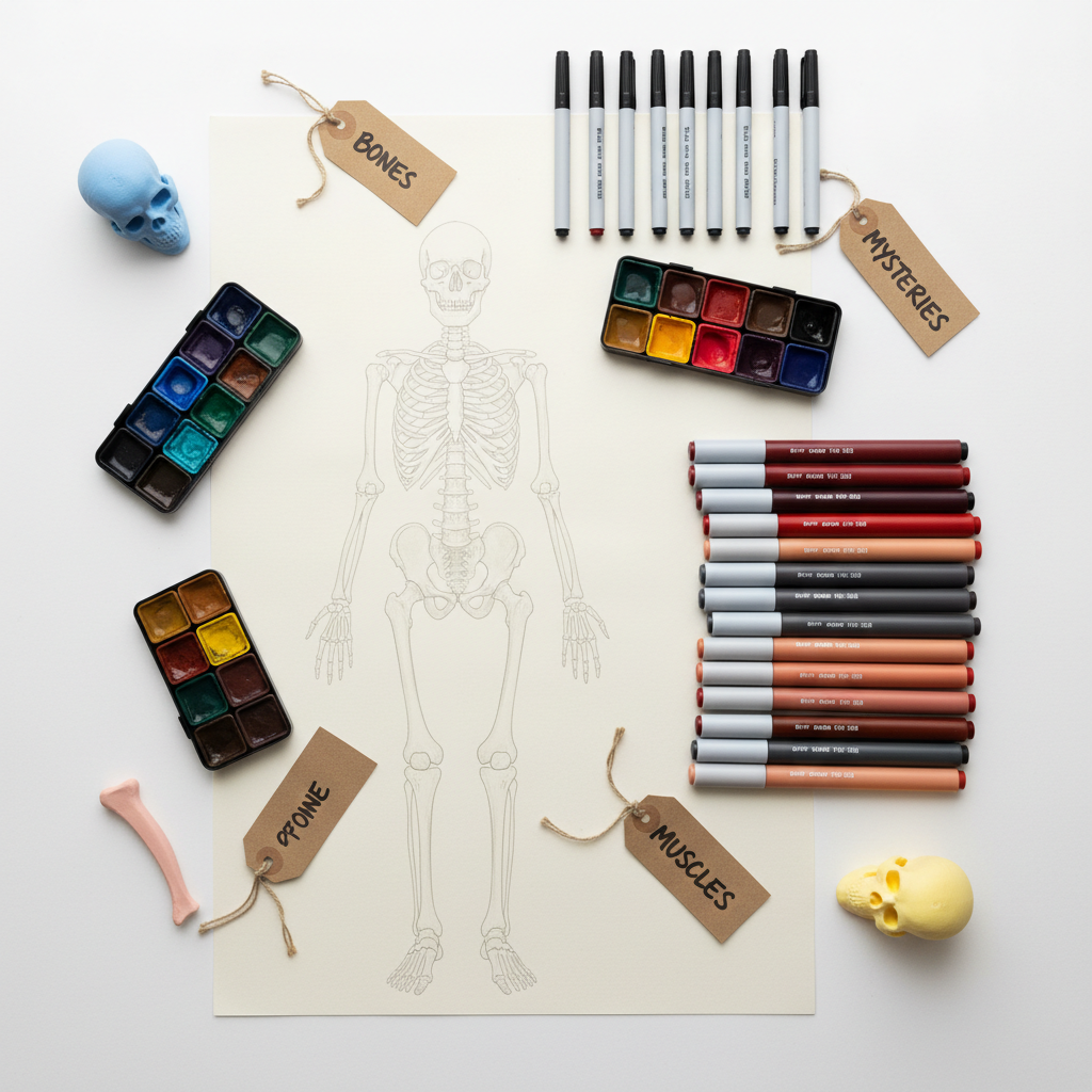 A carefully arranged flat lay of vibrant anatomical illustration tools on a wide sheet of heavy, off-white drawing paper printed with a faint outline of a human skeleton. Around the outline sit open pan watercolors, dual-tip markers, and a set of fine technical pens, each labeled with playful, handwritten tags like “bones,” “muscles,” and “mysteries.” Small 3D printed models of a vertebra, a femur, and a stylized skull in soft pastel plastic rest near the margins. Overhead, even studio lighting provides bright, shadow-soft clarity, making every color pop without harsh contrasts. Captured from a true bird’s eye view, with the skeleton outline slightly off-center for dynamic composition. The atmosphere is energetic and hands-on, encouraging exploration and learning, with a modern, enhanced visual style tailored to an educational anatomy art non-profit.