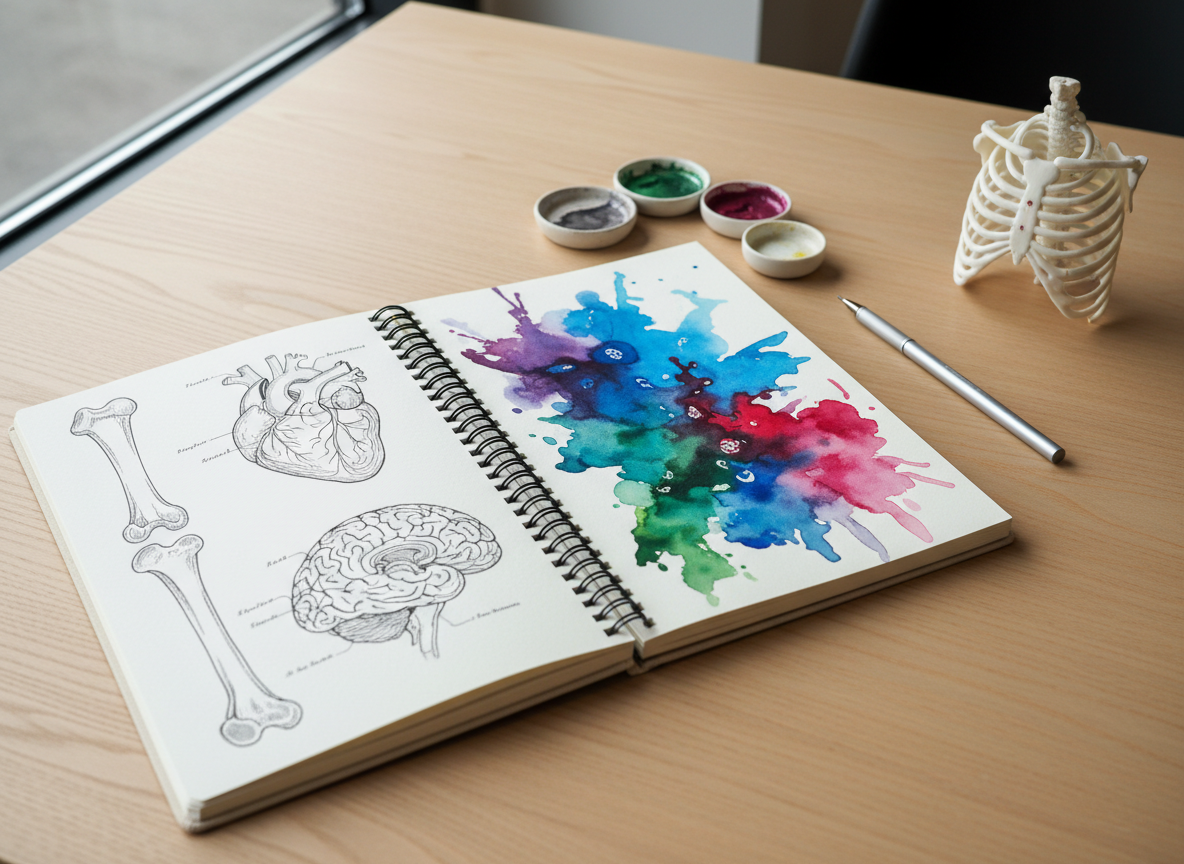 A large, open sketchbook lies on a light birch wood table, its pages filled with neatly inked cross-sections of bones and organs that gradually transition into bright watercolor splashes forming imaginative abstract shapes. Beside the sketchbook sit small ceramic palettes dotted with jewel-toned paints, a silver mechanical pencil, and a small model ribcage made of smooth, matte white plastic. Gentle overcast window light from the left creates soft highlights on the wet paint and subtle shadows under the objects, giving a calm, contemplative atmosphere. Photographed from a slightly elevated angle using the rule of thirds, with sharp focus on the central page and the background fading softly. The aesthetic is playful yet scholarly, with enhanced colors that feel modern, clean, and perfect for a non-profit educational project about anatomy and art.
